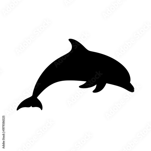 Black dolphin silhouette swimming isolated white.