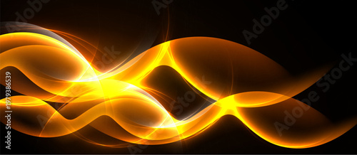Bright orange waves flow across black background. Dynamic light creates glowing effect, suggesting energy, movement. Smooth curves dominate composition.