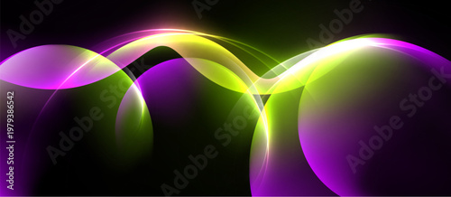 Abstract design features vibrant curves, glowing orbs, purple, green, yellow hues against black background. Dynamic composition creates energy.