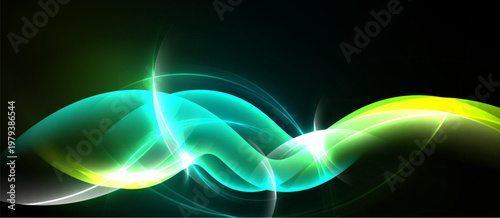 Abstract flowing lines, vibrant colors, dynamic energy. Bright light contrasts dark background creating visual impact.