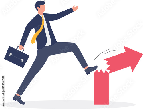 Professional jumping over a broken red arrow