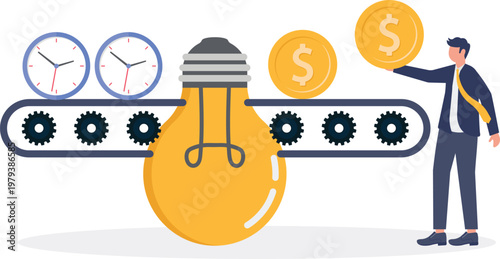 Professionals managing a money and lightbulb conveyor belt