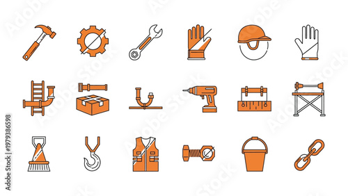 Construction Tools and Gear Icon Set: A collection of essential tools and equipment, each icon meticulously crafted to embody the essence of construction.