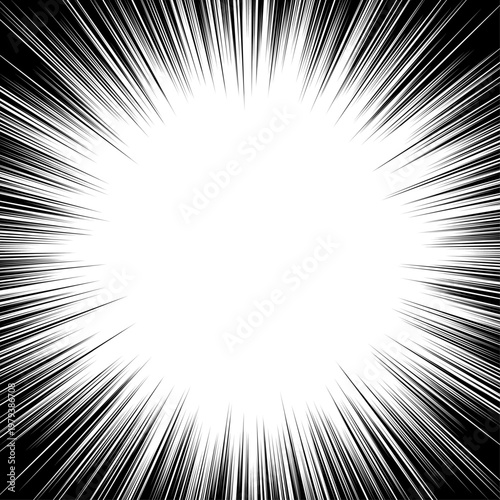 黒い背景全面に広がる白いウニフラッシュの集中線の正方形フレーム - 漫画風の爆発や光線エフェクト素材