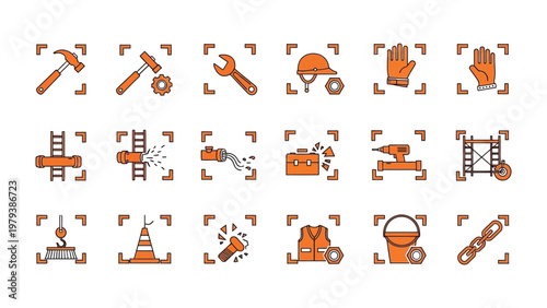 Construction Tool Icon Set: A comprehensive collection of construction tool icons, meticulously designed, ready for immediate use. Capturing the essence of construction.