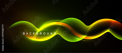 Abstract waves, vibrant colors blend. Dynamic design, smooth curves create energy. Background features text, dark backdrop enhances glow.