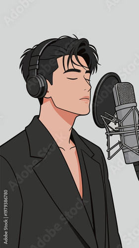 Stylish Man in Black Suit Singing with Headphones