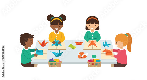 Four diverse children are happily sitting at a table together, learning and practicing the creative art of origami paper folding.