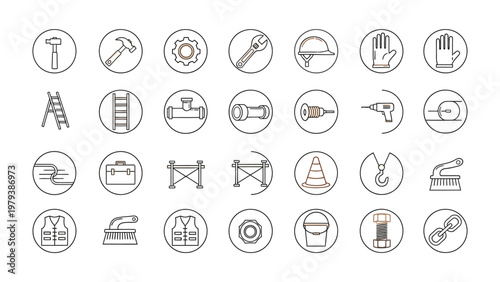 Construction Icons: A comprehensive set of construction icons represents tools and equipment used in the construction industry. The circular design with delicate outlines adds to the charm of the set.
