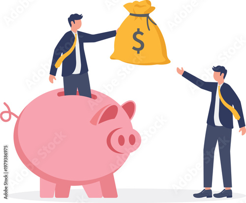 Professional sitting on a piggy bank giving money bag