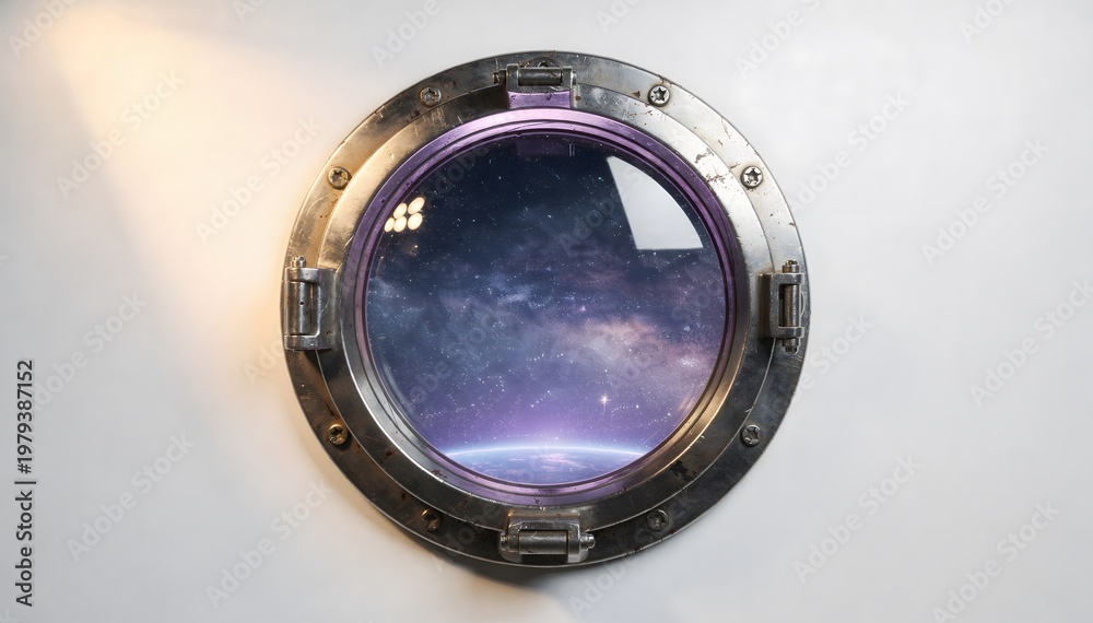 Naklejka premium Circular metal porthole offers an expansive vista of deep space, showcasing a colorful nebula and distant stars, with a partial view of a planet (edited)