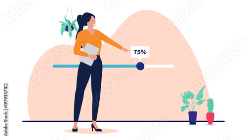 Professional business woman pointing at a progress bar showing seventy-five percent completion, corporate employee tracking project status and performance, flat design vector illustration