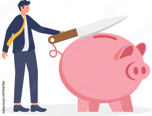 Professional cutting a piggy bank with a giant knife