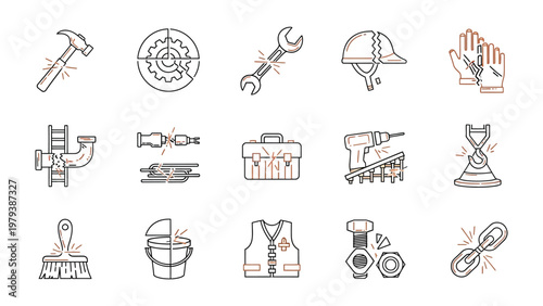 Construction Icons: A comprehensive set of construction and repair icons, ideal for illustrating tools, safety equipment, and various elements related to the building industry.