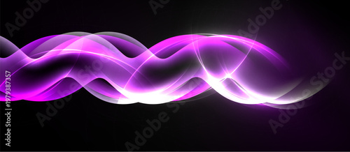 Abstract waves, vibrant magenta hues, luminous white streaks. Dark background creates dramatic visual impact. Smooth curves suggest motion.
