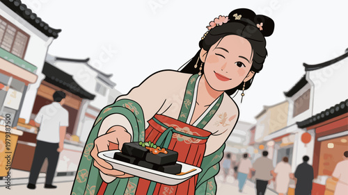 Woman in Traditional Chinese Dress Holding Food