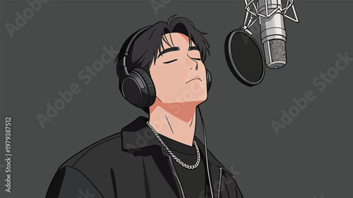 Man Singing in Recording Studio with Headphones