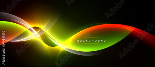 Abstract vibrant waves, flowing light. Gradient colors blend, creating dynamic visual effect. Dark background emphasizes luminosity.