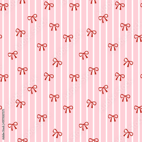 Bow Stripe Seamless Pattern with Red Ribbon Elements on Pink Background for Fabric Design
