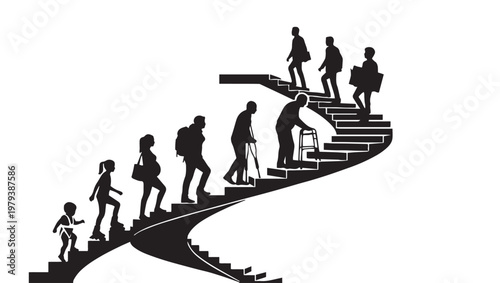 Human life cycle silhouettes on spiral stairs, aging process from childhood to elderly, people of different ages climbing staircase vector