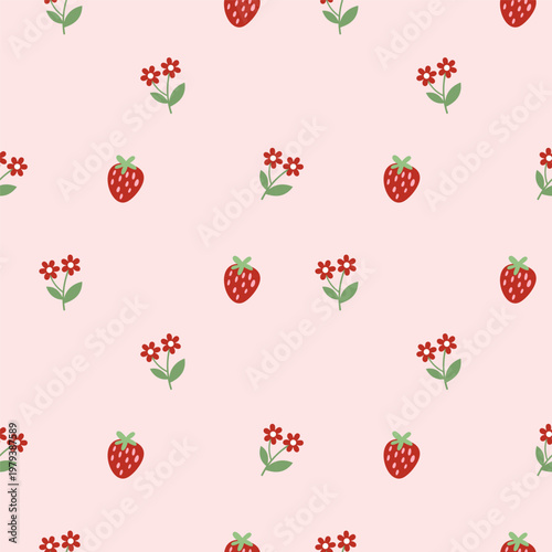 Strawberry and Small Floral Seamless Pattern on Pink Background for Fabric Design