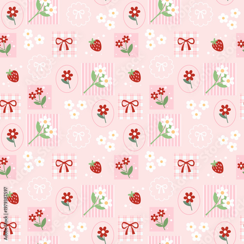 Strawberry Floral Patchwork Seamless Pattern with Ribbon Bows on Pink Background for Fabric Design