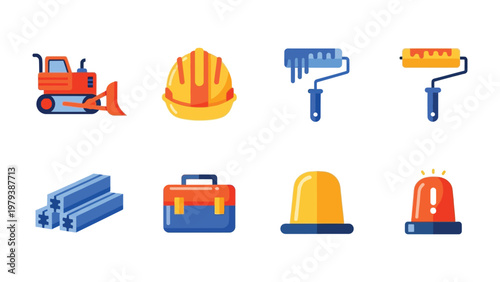 Construction Icons: Set of construction and industrial icons, showcasing various tools and equipment used in construction work. Each icon is a symbol of the building industry and the labor it entails.