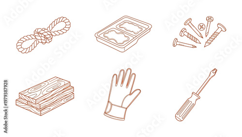 Handy Tools Collection: A curated collection of essential carpentry tools, meticulously arranged for woodworking projects, encompassing a tightly knotted rope, a tray, screws, nails, wood planks.