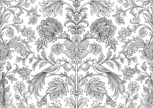 Vintage damask seamless pattern with two birds, blooming flowers, curling branches and leaves, hand drawn vector illustration for wallpaper, textile and packaging design. 