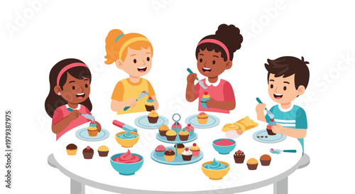 Four happy children are sitting around a table, joyfully decorating a variety of cupcakes with colorful frosting and sweet toppings.