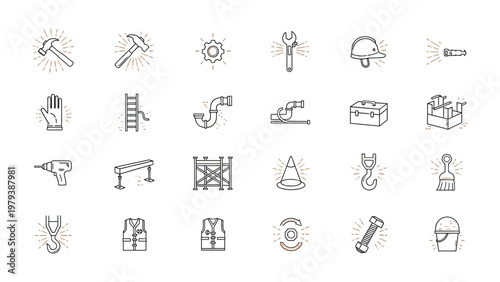 Construction Tools Set: A collection of various construction tools, each meticulously illustrated in a line art style, perfect for illustrating construction processes and industrial activities.