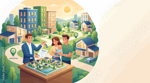 Real estate agent handing keys to a young family in a vibrant, eco-friendly neighborhood with a miniature model of houses.