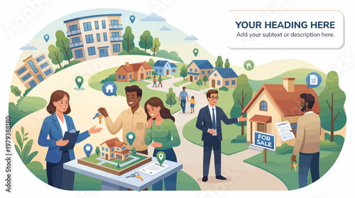 Real estate agents showing houses and properties to potential buyers in a suburban neighborhood with various housing types.