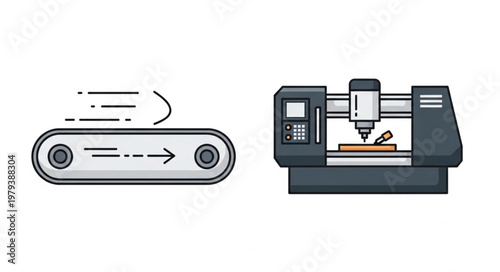 Industrial manufacturing equipment and conveyor belt illustration.