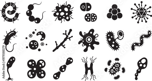 Microscopic bacteria and virus icons set, 18 black silhouette microbe vector elements, biological pathogen and germ cell illustrations for science