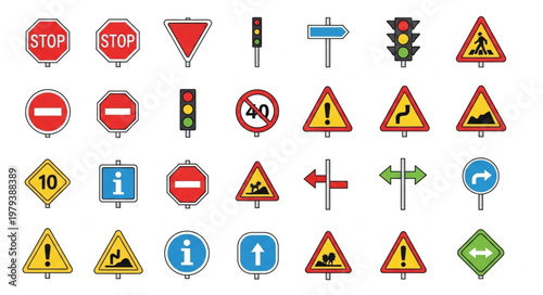 Collection of Traffic Signs and Symbols for Road Safety and Navigation.