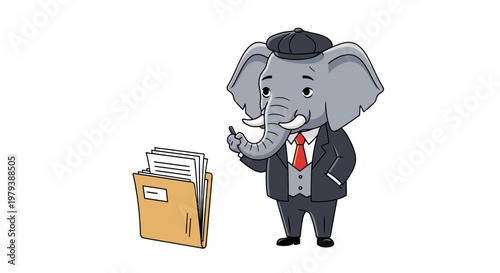 An elephant dressed in a suit and tie, wearing a hat, holds documents and stands next to a folder