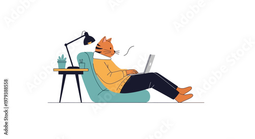 A cartoon tiger character wearing a sweater sits comfortably in a beanbag chair and works on a laptop computer while smoking a cigarette