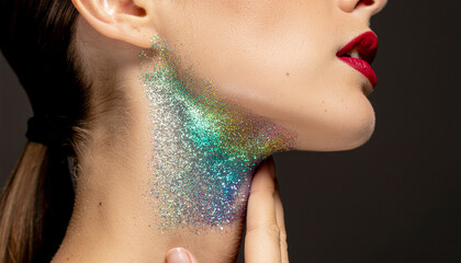 Woman with Rainbow Glitter Makeup and Red Lips for Pride Month Celebration