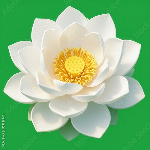White Lotus Flower with Yellow Stamen and Pistil on Solid Green Background, Isolated Botanical Illustration for Design or Nature-Themed Projects.