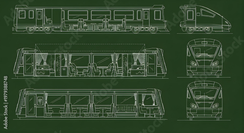 Detailed Luxury Train Blueprint Vector – Passenger Rail Interior Seating Layout Multiview Technical Drawing White Outline on Green