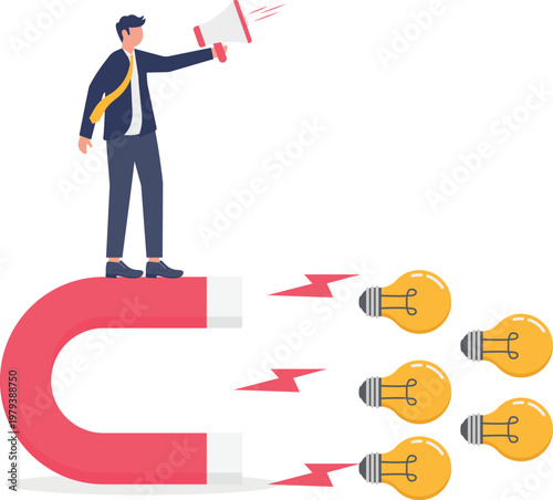 Professional with a giant magnet pulling idea bulbs