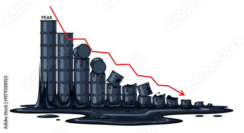 Oil barrels graph showing declining prices and leakage.