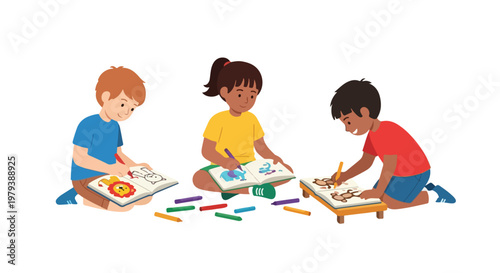 Three diverse children sit happily on the floor, focused on coloring animal illustrations in their books with vibrant markers and crayons.