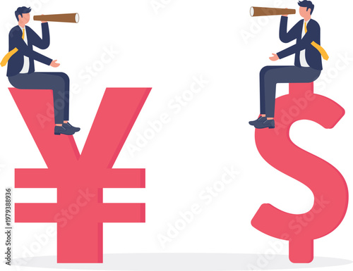 Professional sitting on currency symbols with telescope