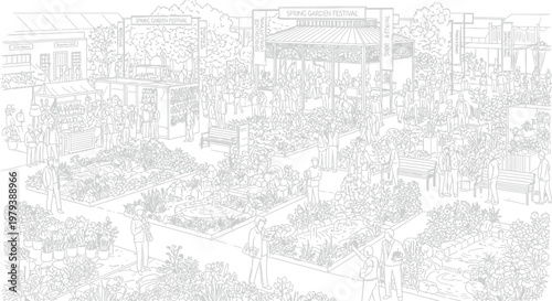 Diverse groups of people explore an outdoor botanical garden show featuring various flower beds and decorative water features during a sunny spring garden festival held in a public park urban setting