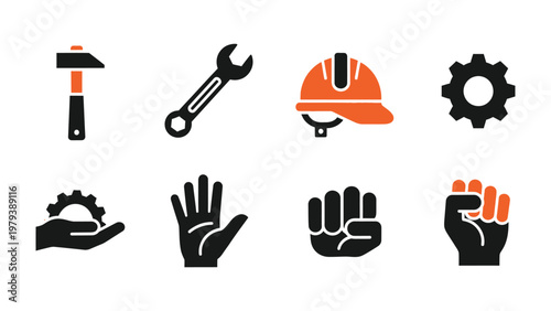 Industrial Icons: A selection of symbolic tools and elements. Including a hammer, wrench, safety helmet, gears, hand, and clenched fist, representing industry, mechanics, and manual labor.
