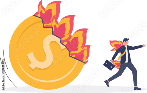 Giant gold coin on fire with a professional running away