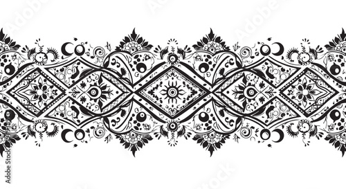Black and white, ornate, bohemian border, decorative frame, seamless pattern, vector design element