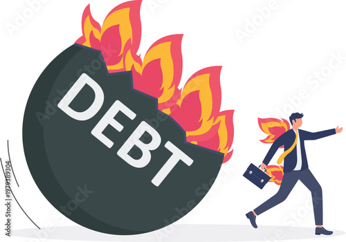 Giant debt bomb on fire with a professional running away